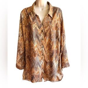 Catherines Button Up Tunic Shirt Womens 1X Split Back Brown Pattern
